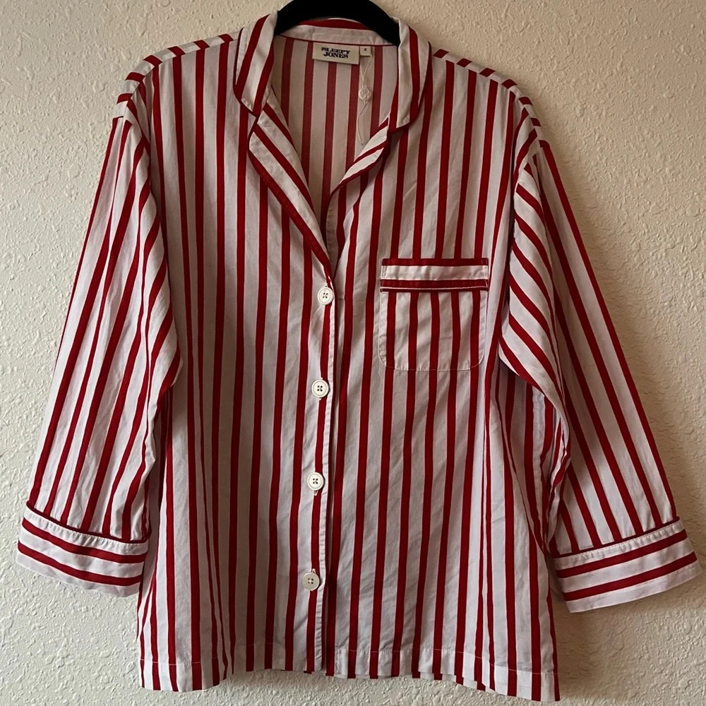 Sleepy Jones Marina Pajama Button Down Top Red & White Stripe Size Small